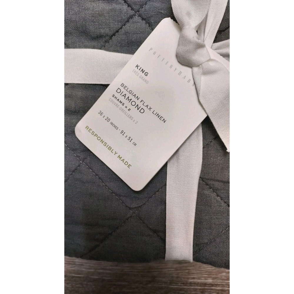 POTTERY BARN Set 2 Belgian Flax Linen Tufted Quilted King Shams Dark Forest Gray - Picture 2 of 4